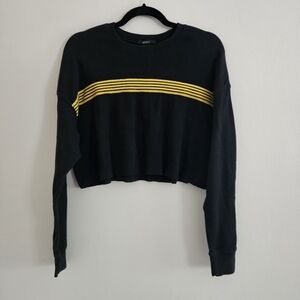 Forever 21 Black Yellow Striped Cropped Hoodie Shirt Long Sleeve Cotton Medium